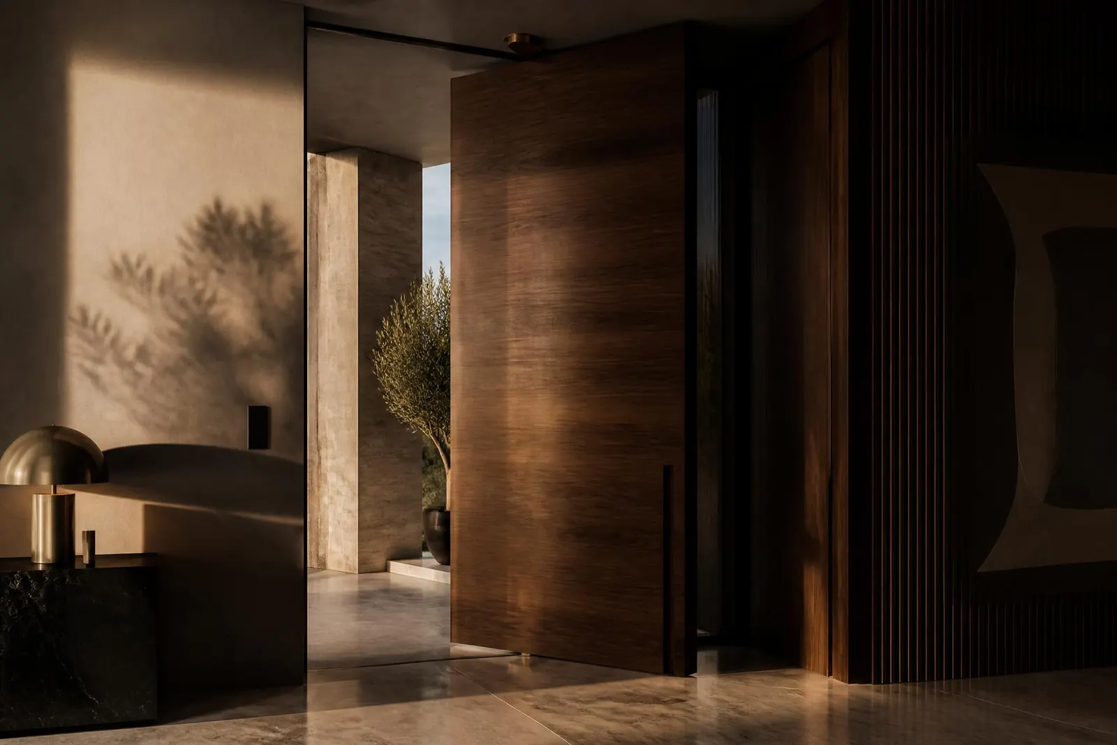 Porte pivot en noyer massif dans une villa contemporaine à Casablanca